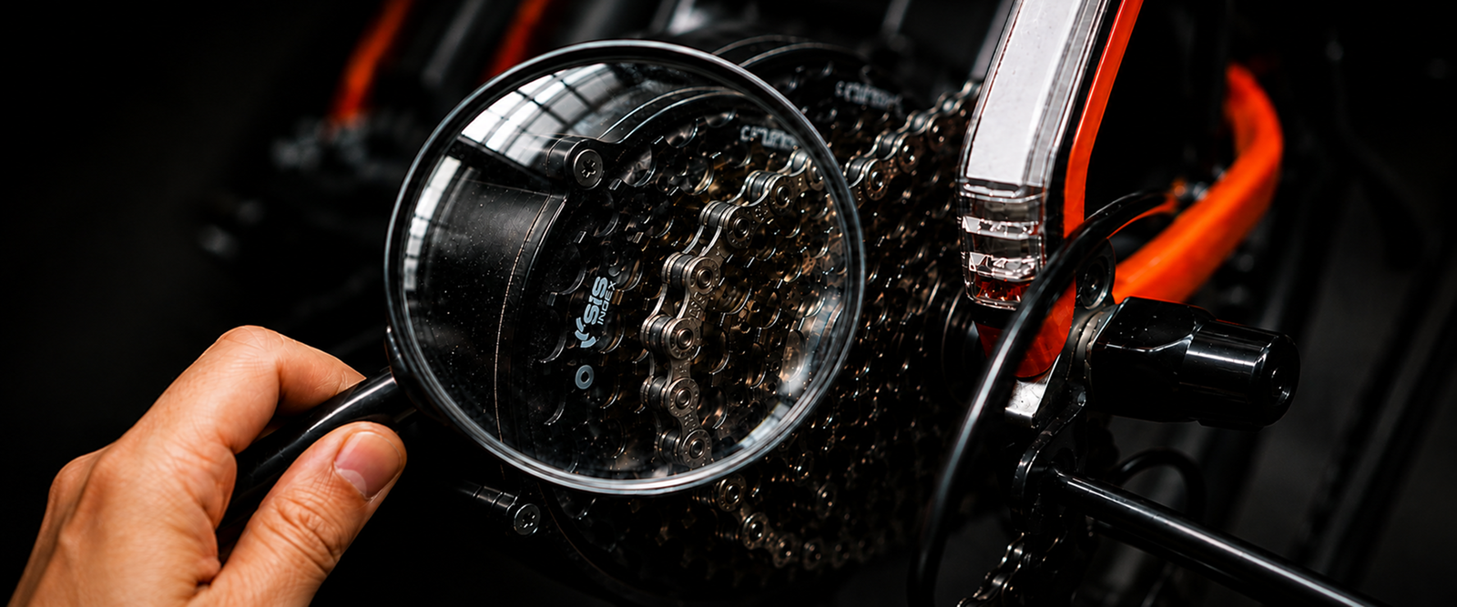 Magnifying glass inspecting the chain and gears of an electric bike before buying an eBike