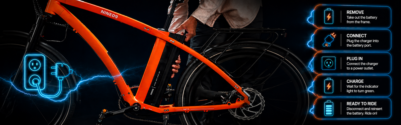 Herausnehmbarer eBike-Akku wird aus dem Rahmen eines NINE09 Elektrofahrrads gehoben, mit fünf Ladeschritten