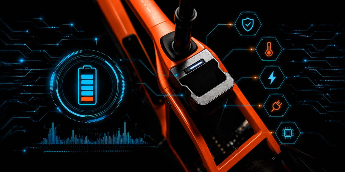 Removable lithium-ion eBike battery in an orange electric bike frame with Smart BMS safety icons