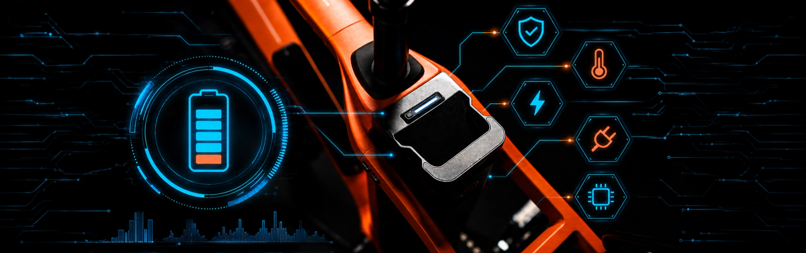 Wyjmowana bateria litowo-jonowa eBike w pomarańczowej ramie roweru elektrycznego z ikonami Smart BMS