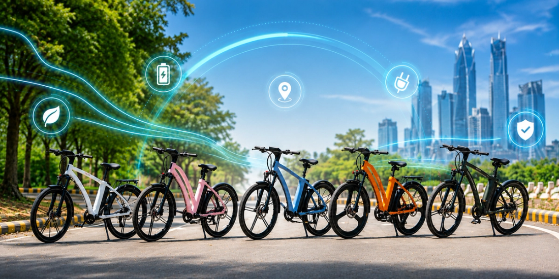 Lineup of five NINE09 electric bikes on a city road with connected AI eBike technology icons