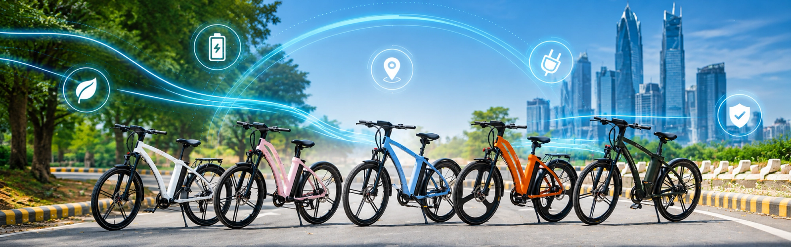 Lineup of five NINE09 electric bikes on a city road with connected AI eBike technology icons