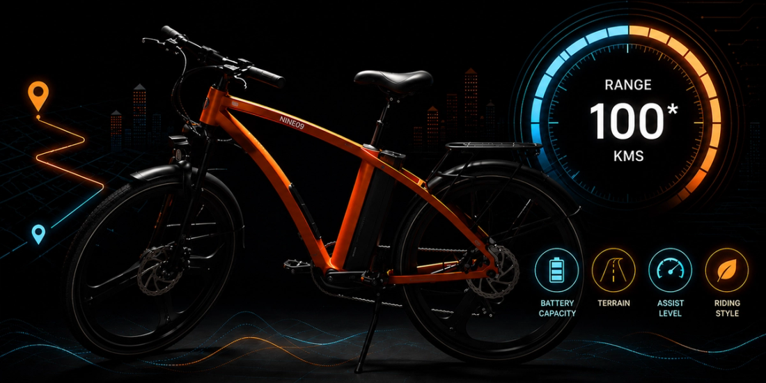 NINE09 CX01 electric bike beside a range dial showing up to 100 km from one eBike battery charge