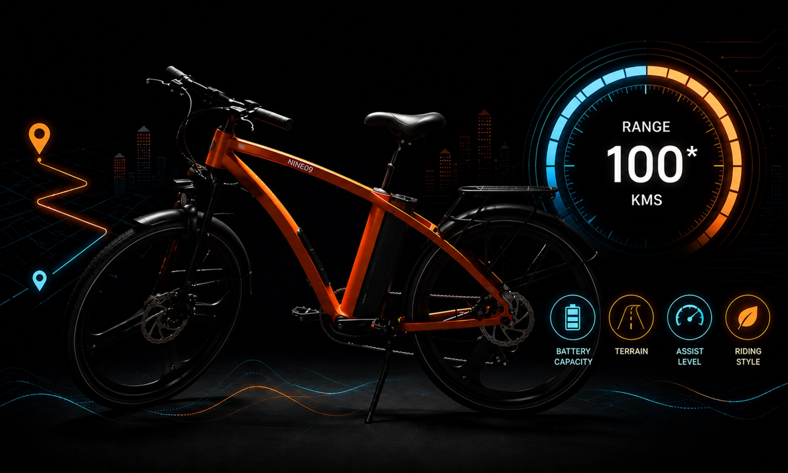 NINE09 CX01 electric bike beside a range dial showing up to 100 km from one eBike battery charge