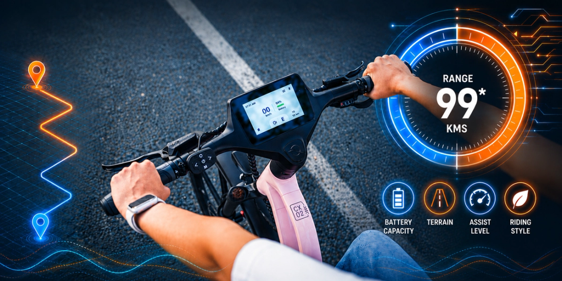 Rider's view of a NINE09 CX02 eBike display with an electric bike battery range dial at 99 km