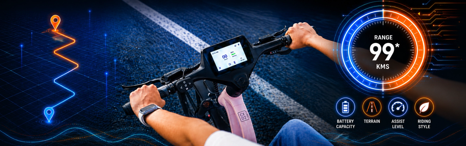 Rider's view of a NINE09 CX02 eBike display with an electric bike battery range dial at 99 km