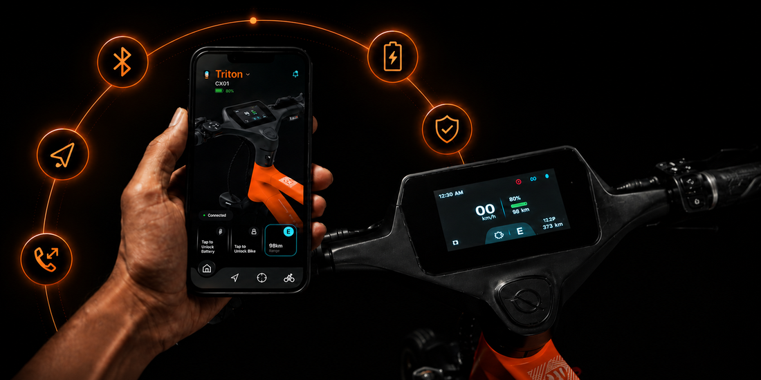 NINE09 Connect app and CX01 eBike display showing GPS, battery lock and hands-free call features