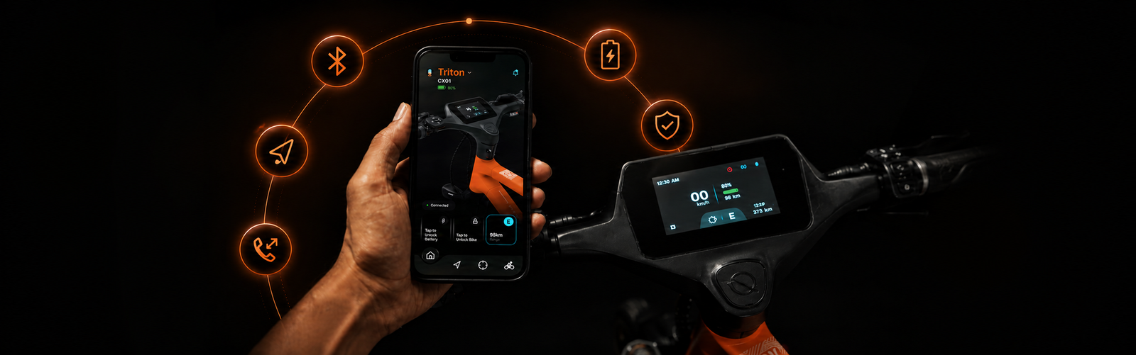 NINE09 Connect app and CX01 eBike display showing GPS, battery lock and hands-free call features