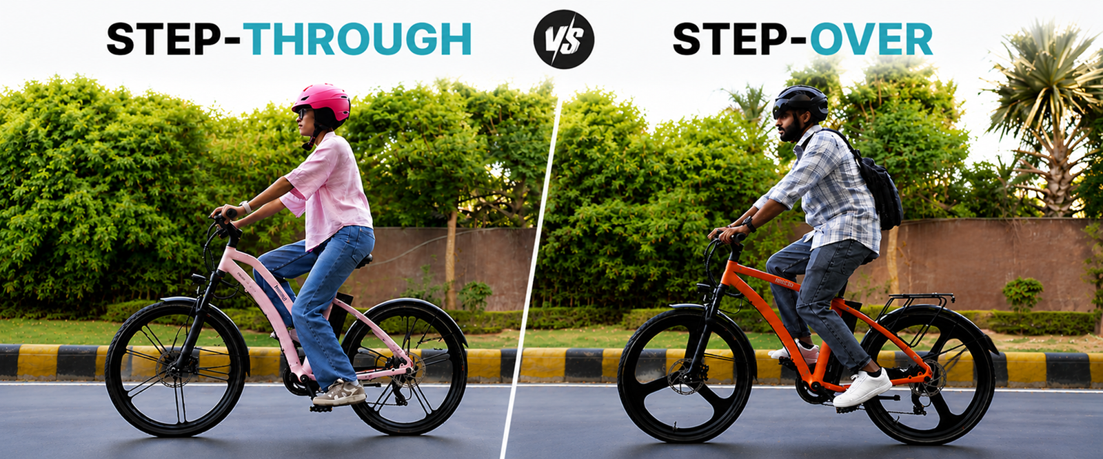 Step-through and step-over eBike frames compared side by side, with a rider on each electric bike