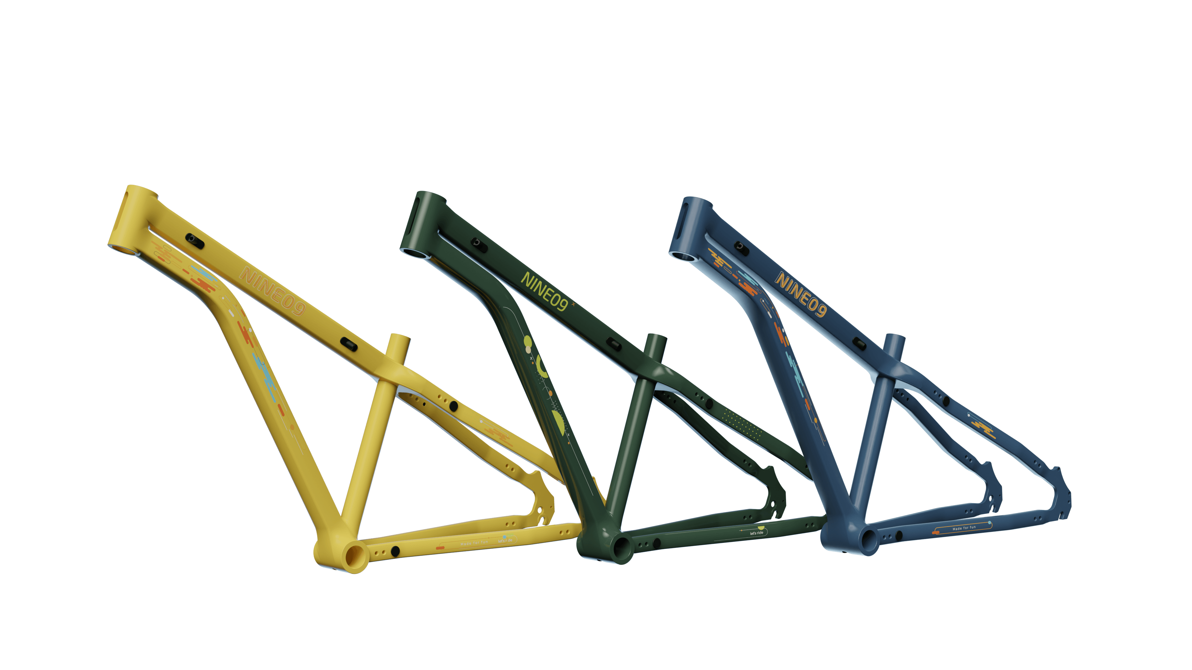 kiko bike frames in Sky Blue, Pine Green and Sunset Yellow