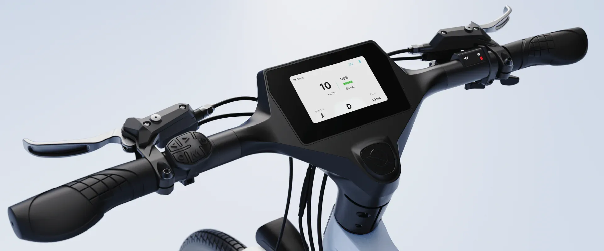 Close-up of a NINE09 eBike handlebar and 4.3-inch LCD display showing speed and battery level