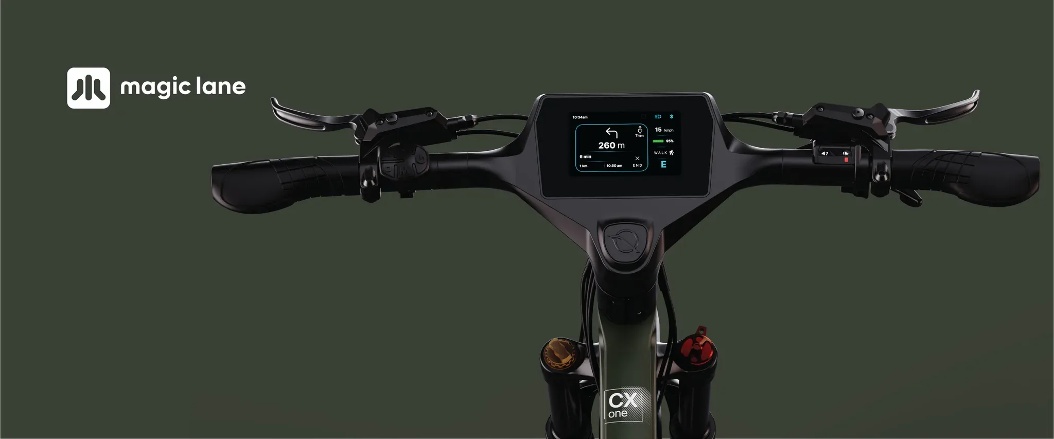 NINE09 eBike cockpit showing Magic Lane turn-by-turn navigation on the 4.3-inch display